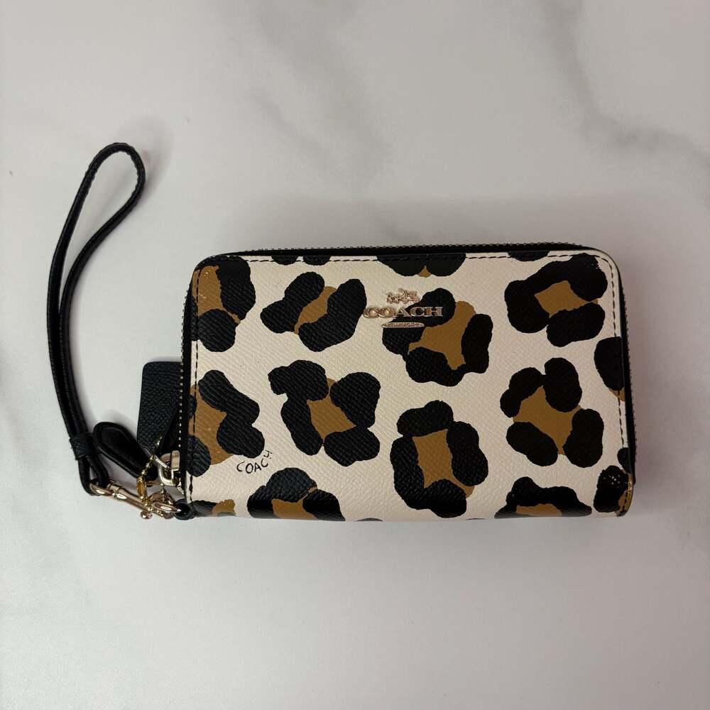 Coach Double Zip Wallet with Leopard Print and Wristlet Strap